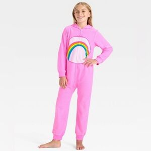 NWT Care Bears Union Suit Pajamas Fleece Kids Size 8 Pink Cheer Bear Rainbow